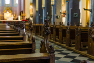Naklejka premium Church Pews. Focus on the foreground.