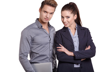 Young smiling business woman and business man isolated over whit