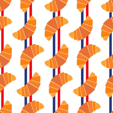 Cute seamless pattern with croissants and colors of french flag stripes. French bakery illustration background.