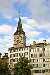 Fototapeta na wymiar Church of St. Peter in Lindenhof Quarter. Zurich. Switzerland