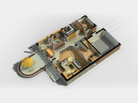 3D rendering of a furnished residential house, with the first floor plan, showing the living room, dining room, foyer, terrace and garage.
