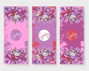 The vertical banners to the perfumery and cosmetic booklet with hand-drawn elements of isolated vector illustrations
