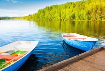 Naklejka na ściany i meble Solovki. landscape lake wooden boat day!