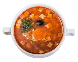 Russian soup saltwort in round plate, isolated on white background.