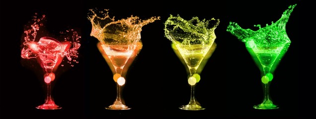 splashes of cocktails in glasses
