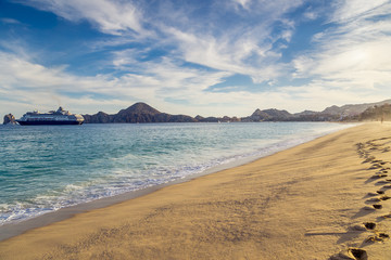 Sandy Beach View of Waves at Beach in Mexico, Cabo San Lucas
