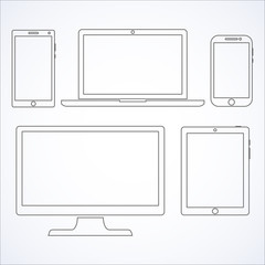 Set of display, laptop, tablet and mobile phones electronic device outline icons template. Vector illustration