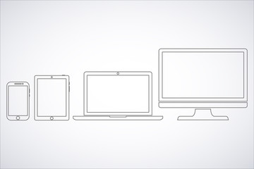 Set of display, laptop, tablet and mobile phones electronic device outline icons template. Vector illustration
