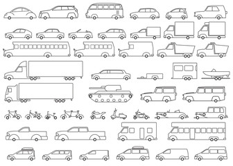Car icons set. Linear style fun transport Vector illustration.