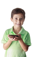 Little boy eating chocolate easter egg on white background