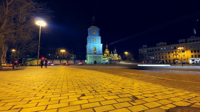 Saint Sophia Cathedral square in Kyiv (Kiev) at night, Ukraine, time lapse