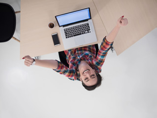 top view of young business woman working on laptop