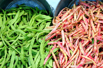 Fresh picked string beans displayed outside.
