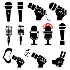 Microphone icons on white background. Vector illustration. sound mic set karaoke