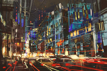 digital painting of city street at night with colorful lights.