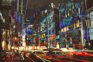digital painting of city street at night with colorful lights. © grandfailure