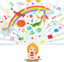 Little girl reading book education concept illustration