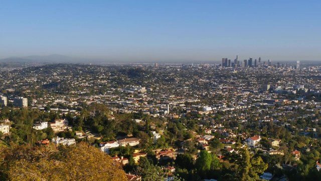 A distant daytime establishing shot of the Los Angeles skyline.  	