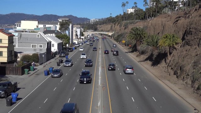 An aerial view of the Pacific Coast Highway Route 1 near Santa Monica.  	