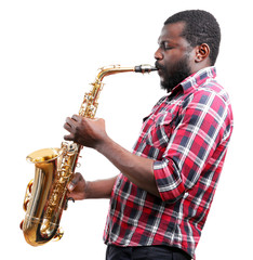 African American jazz musician playing the saxophone, isolated on white