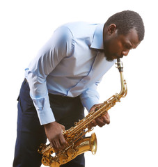 Fototapeta na wymiar African American jazz musician playing the saxophone, isolated on white
