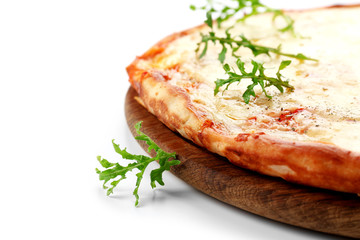 Pizza full of cheese on wooden board isolated on white background, close up