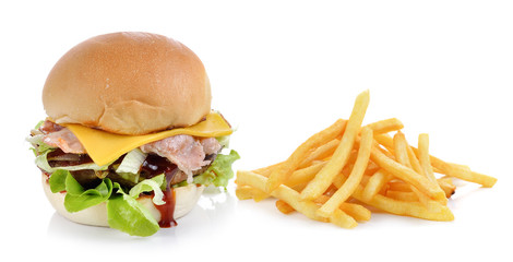 yummy Meat hamburger with french fries on white background