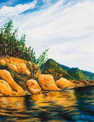 Beautiful taiga river. Oil painting
