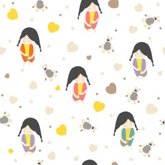 Seamless baby pattern with little girl and Teddy bear. Children's background.