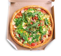 Fresh pizza in carton box isolated on white