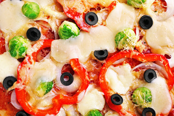 Delicious pizza with cheese and vegetables closeup