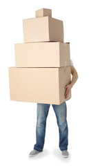 Man holding pile of carton boxes isolated on white background