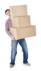 Fototapeta na wymiar Man holding pile of carton boxes isolated on white background
