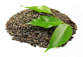 Pile of dry tea with green leaves, isolated on white