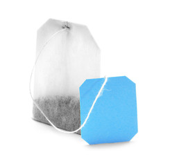 Teabag with blue label isolated on white background
