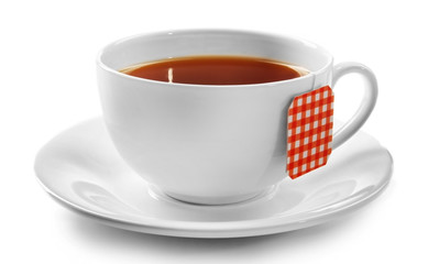 Cup of tea isolated on white background. Teabag with red checkered label