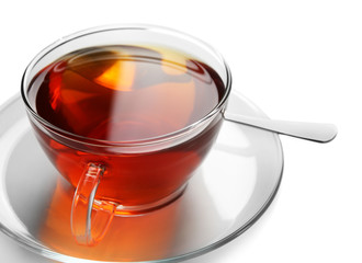 Glass cup of tea isolated on white background