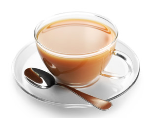 Glass cup of tea with milk isolated on white background