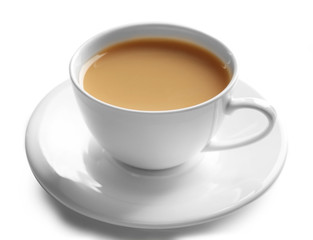 Naklejka premium Porcelain cup of tea with milk isolated on white background