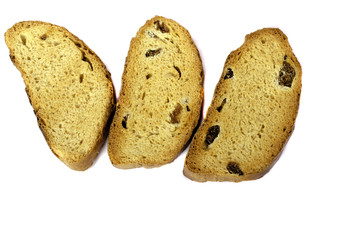 Three rusks horizontally on white background.