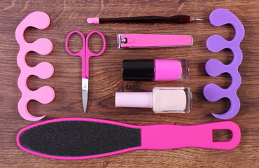 Naklejka premium Cosmetics and accessories for manicure or pedicure, concept of foot, hand and nail care