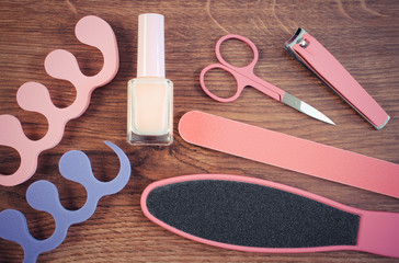 Vintage photo, Cosmetics and accessories for manicure or pedicure, concept of foot, hand and nail care