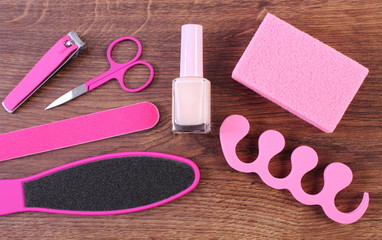 Cosmetics and accessories for manicure or pedicure, concept of foot, hand and nail care