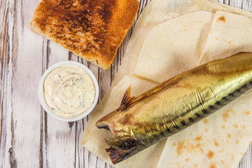 mackerel with toast and sauce in pita bread