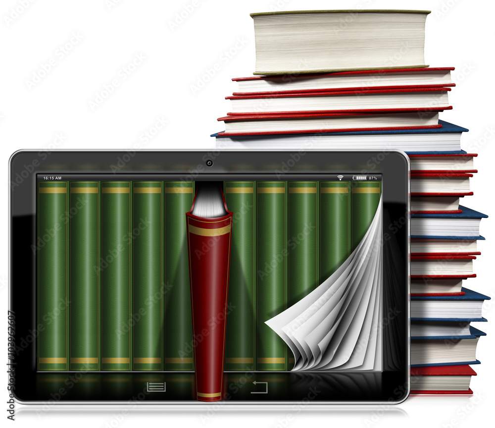 Poster tablet computer with pages and books / horizontal black tablet computer with curled pages and books 