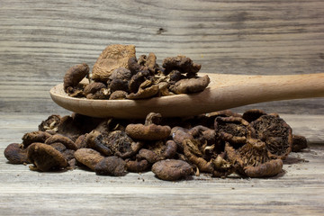 Dried mushrooms in a spoon on wooden background