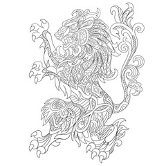Zentangle stylized cartoon wild angry lion, isolated on white background. Sketch for adult antistress coloring page. Hand drawn doodle, zentangle, floral design elements for coloring book.