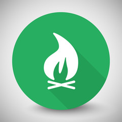 White Bonfire icon with long shadow on green circle