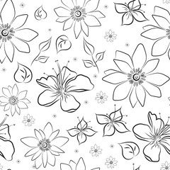 Doodle flowers and leaves seamless pattern. Black and white hand drawn herbal background.