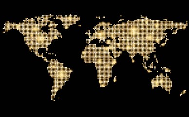 World abstract dotted stylized golden map on black. Vector illustration.